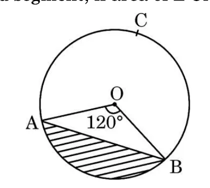 A circle with centre O and a chord AB. The angle AOB is marked 120 degrees. The part of the circle between the chord AB and the minor arc is shaded with lines. C is a point on the major arc.