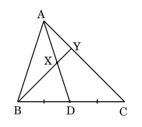A triangle ABC with A at the top, B at the bottom left and C at the bottom right. AD is a median to the mid-point D of BC. X is a point on AD, and the line from B through X meets AC at Y.