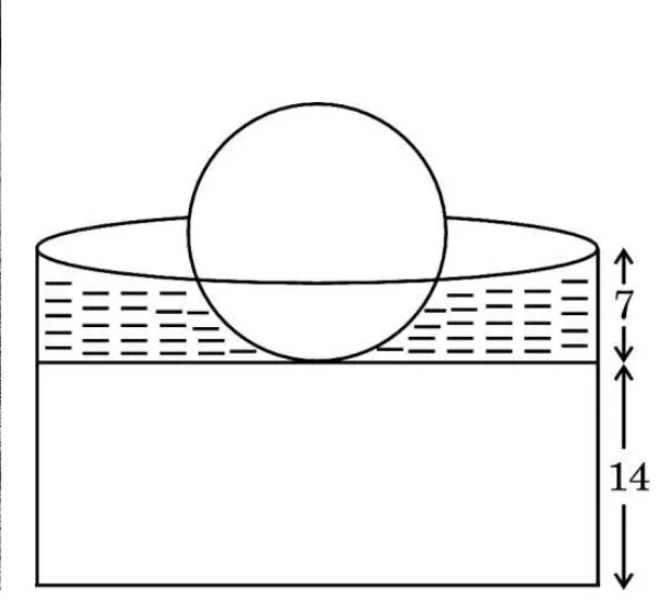 A drawing of the pool: a cylinder with a solid base 14 cm high and water 7 cm deep above it, with a ball of diameter 21 cm resting on the base.