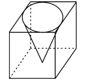 A cube with a cone drawn inside it. The circle on the top face is the base of the cone and the tip of the cone touches the middle of the bottom face.