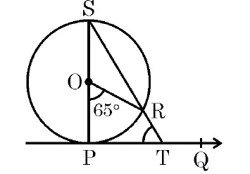 A circle with centre O, the diameter SP vertical with S at the top and P at the bottom on the tangent line PQ. R is on the circle, the angle POR is marked 65 degrees, and the line from S through R meets the tangent at T.