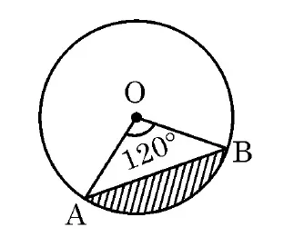 A circle with centre O and a chord AB that makes a 120 degree angle at O. The segment between the chord AB and the minor arc is shaded with lines.