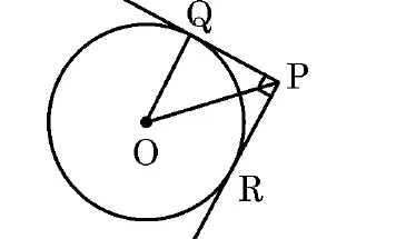 A circle with centre O. Two tangents from the outside point P on the right touch the circle at Q (top) and R (bottom). The radii OQ and OR are drawn.