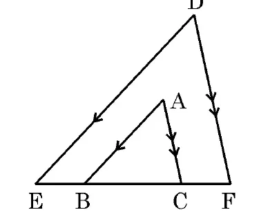 A line with the points E, B, C and F in order. A triangle with the apex A above BC has sides BA and CA, and a bigger triangle with the apex D above has sides ED and FD. AB is parallel to DE and AC is parallel to DF.