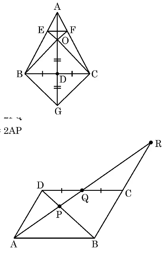 Two figures. First, a triangle ABC with the median AD, the lines CE and BF crossing at O on AD, and G below D so that OBGC is a four-sided figure. Second, a parallelogram ABCD with Q the mid-point of CD, the line AQ extended to R beyond C, and the diagonal BD crossing AQ at P.