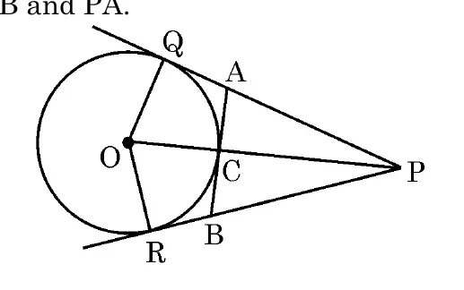 A circle with centre O on the left and the outside point P on the right. PQ and PR are tangents touching at Q at the top and R at the bottom. A third tangent AB touches the circle at C on the line OP, with A on PQ and B on PR.