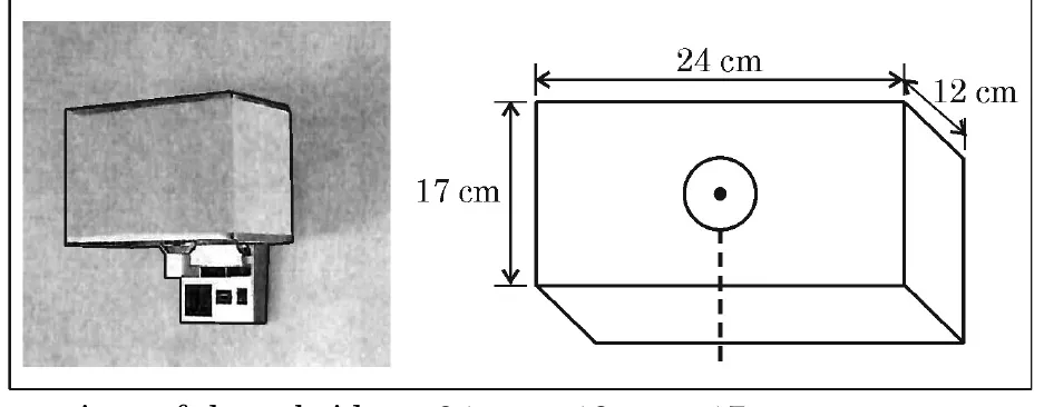 A wall-mounted fabric lamp shaped like a cuboid, shown in a photo and in a drawing marked 24 cm long, 12 cm deep and 17 cm tall, with the round bulb at the centre of the front face.