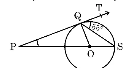 A circle with centre O. A line from the outside point P on the left touches the circle at Q at the top and carries on to T. S is the point on the circle at the right end of the line PS, which passes through O. The angle SQT is marked 55 degrees.