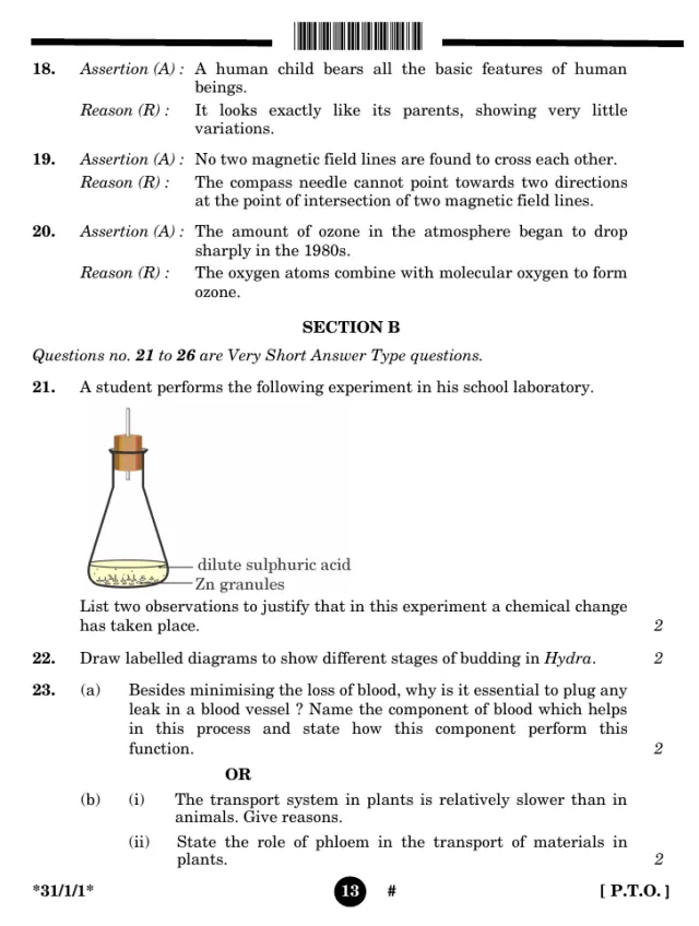 Section B of the CBSE Class 10 Science 2025 paper, set 31/1/1