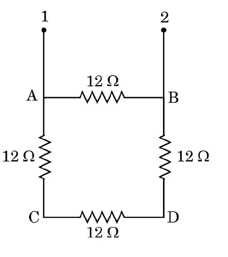 A square ABCD made of four 12 ohm resistors. Terminals 1 and 2 are connected at the corners A and B, the two ends of the top side.
