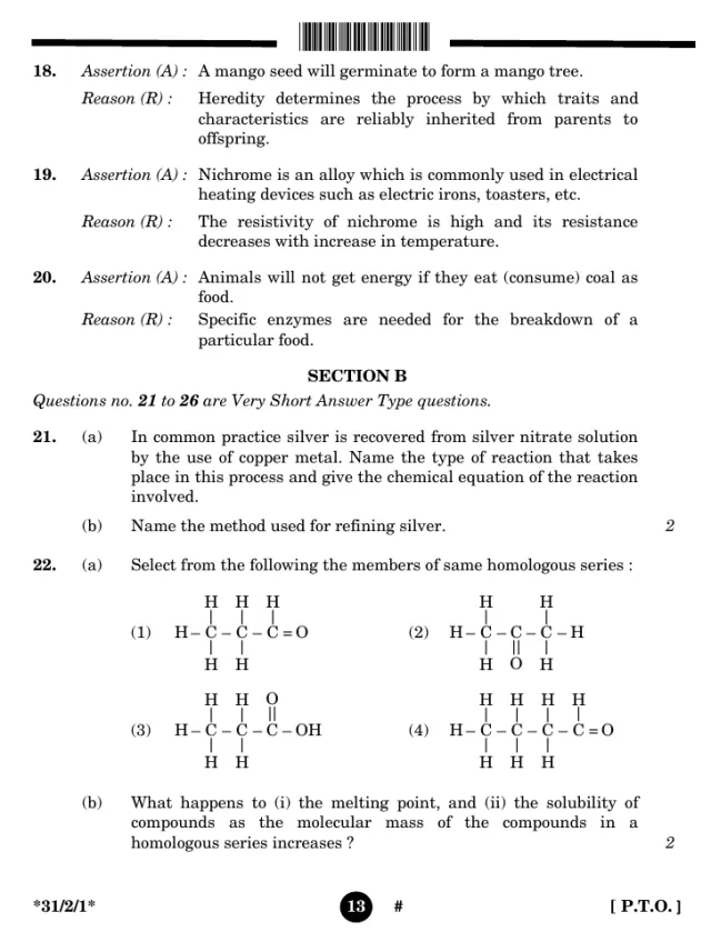 Section B of the CBSE Class 10 Science 2025 paper, set 31/2/1