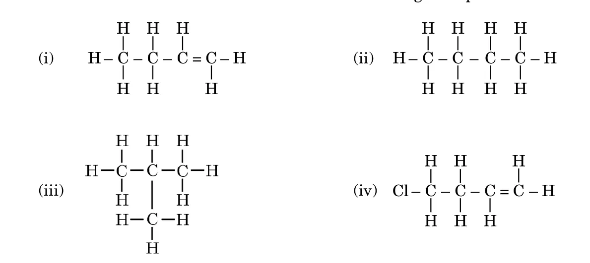 Four structural formulas. (i) A four-carbon chain with one C double bond C. (ii) A straight four-carbon chain with all single bonds. (iii) A three-carbon chain with a CH3 branch on the middle carbon. (iv) The same chain as (i) with a chlorine atom in place of one hydrogen.