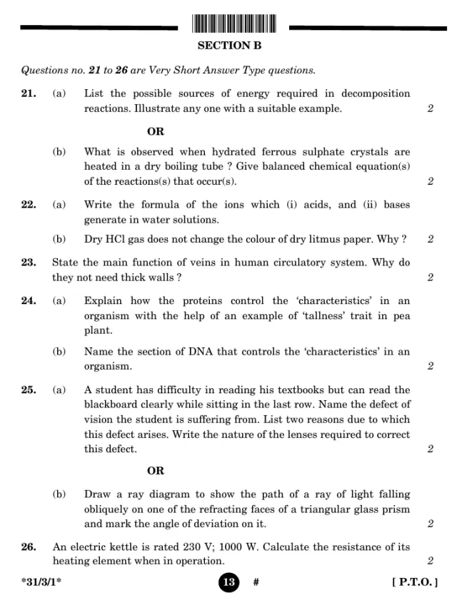 Section B of the CBSE Class 10 Science 2025 paper, set 31/3/1