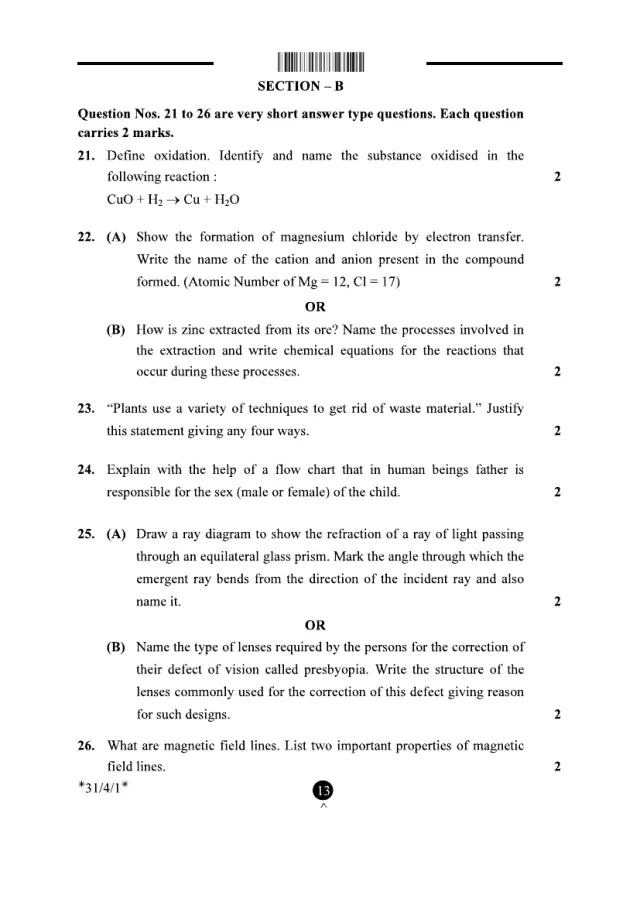 Section B of the CBSE Class 10 Science 2025 paper, set 31/4/1