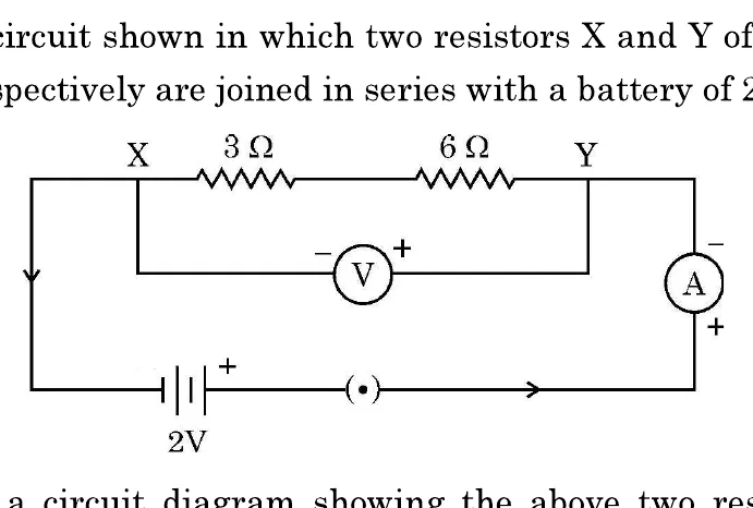 A circuit with a 2 volt battery, a key, an ammeter, and resistors X of 3 ohms and Y of 6 ohms in series, with a voltmeter connected across X and Y.